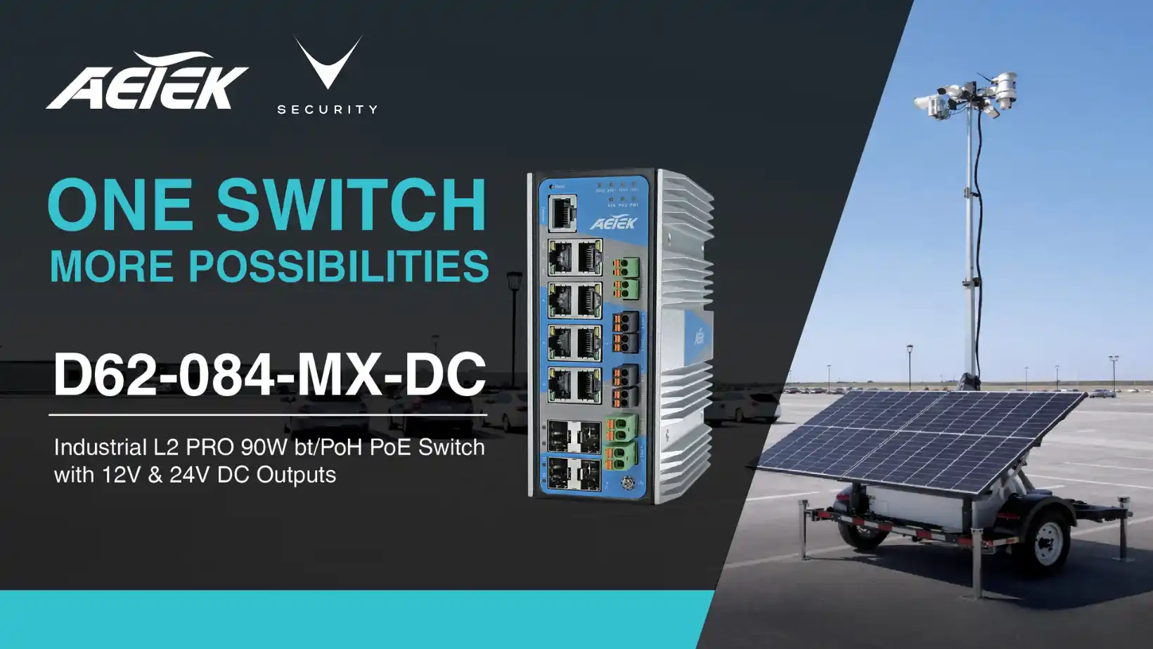 Switch PoE industriale AETEK D62-084-MX-DC con ingresso DC 12-48V per videosorveglianza