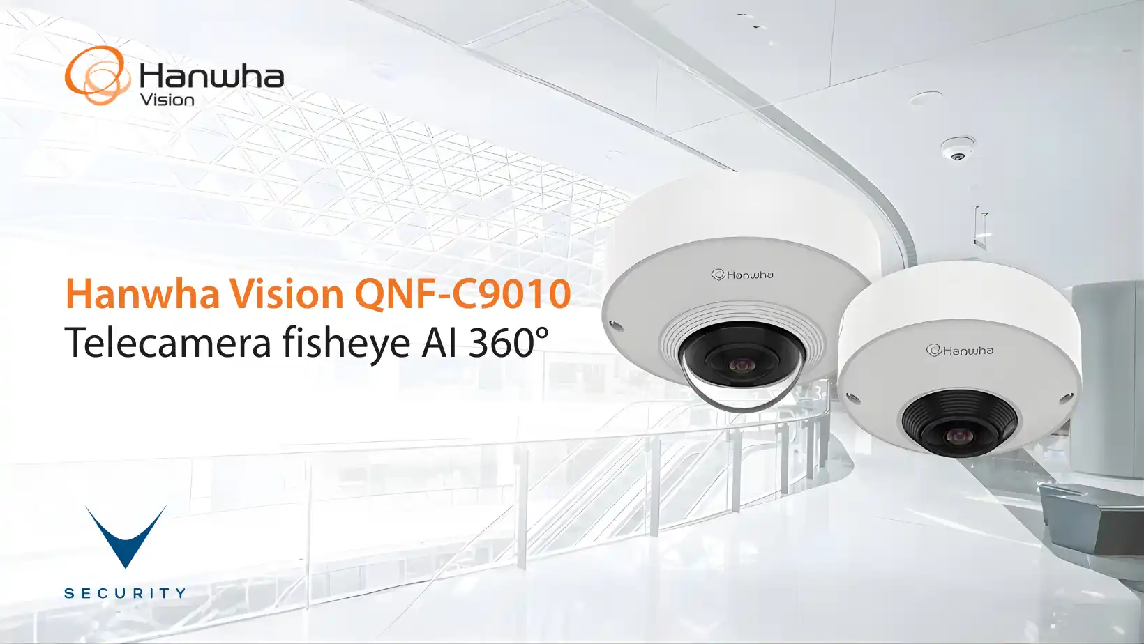 Telecamera fisheye AI 360° Hanwha Vision QNF-C9010 installata a soffitto in ambiente interno