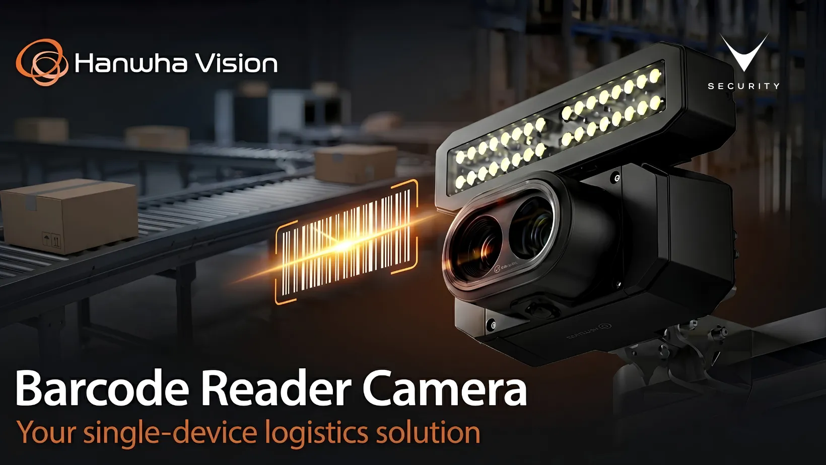 Telecamera per lettura codici a barre Hanwha Vision su nastro trasportatore logistico