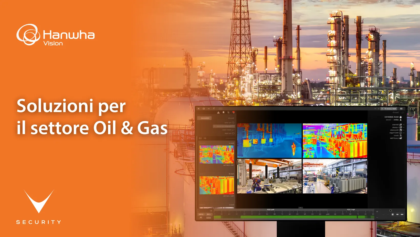 telecamera termica Hanwha Vision per videosorveglianza AI settore oil & gas su impianto industriale