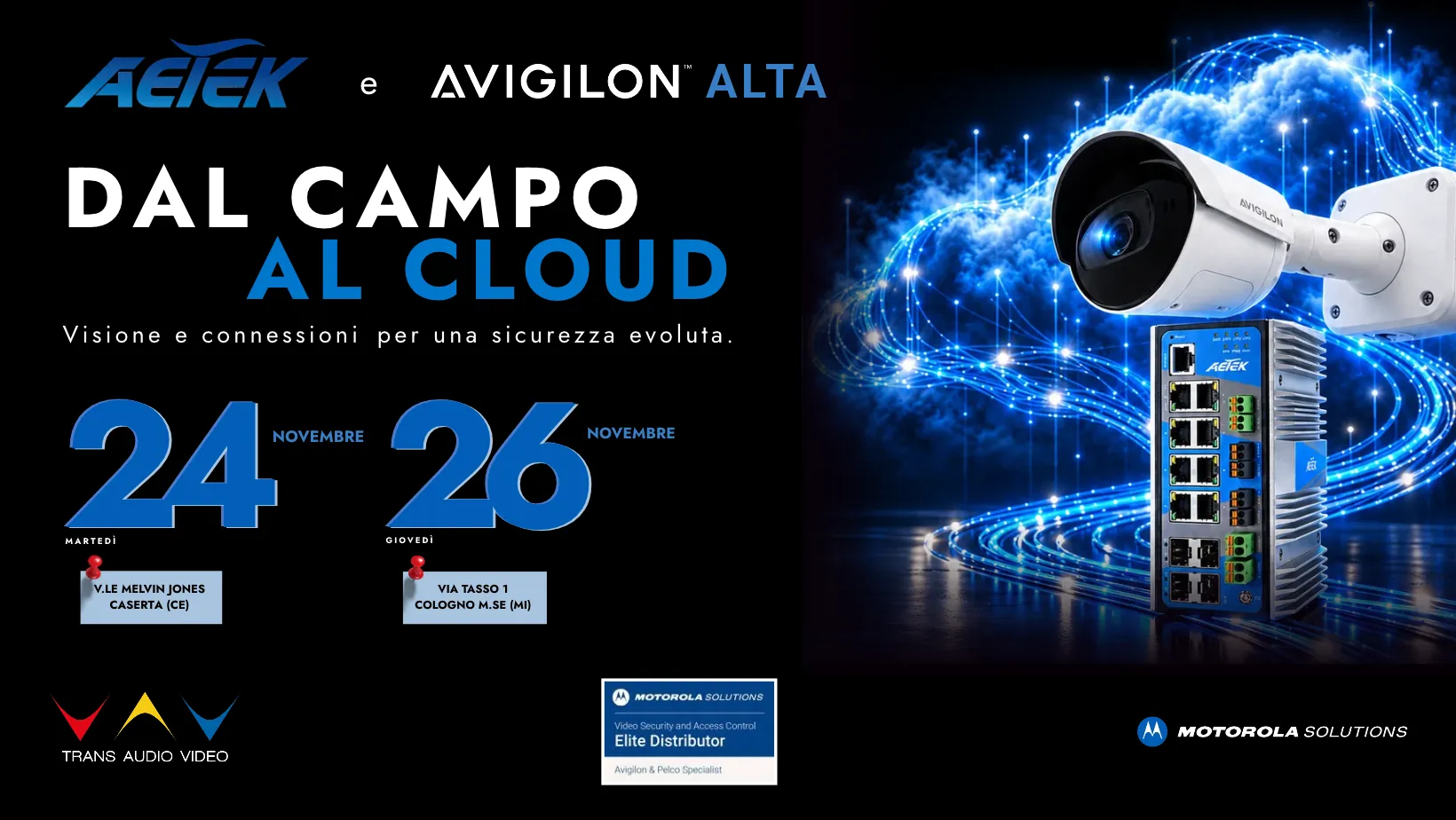 Locandina dell'evento AETEK Avigilon Alta "Dal campo al cloud" a Caserta e Milano