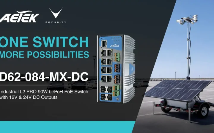 Switch PoE industriale AETEK D62-084-MX-DC con ingresso DC 12-48V per videosorveglianza
