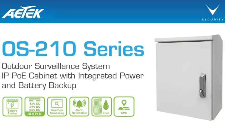 AETEK OS-210-360 armadio esterno per camere di sicurezza con PoE e backup batteria su palo in acciaio inox