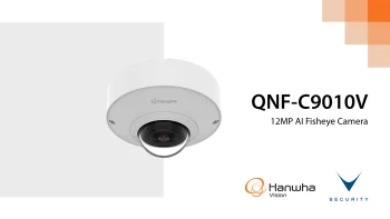 telecamera fisheye AI 12MP Hanwha installata a soffitto con copertura 360 gradi