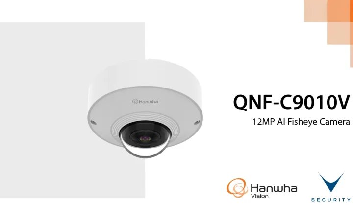 telecamera fisheye AI 12MP Hanwha installata a soffitto con copertura 360 gradi