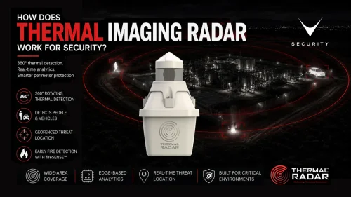 Sensore thermal imaging radar per la sicurezza in rotazione su torre perimetrale notturna