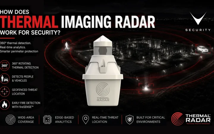 Sensore thermal imaging radar per la sicurezza in rotazione su torre perimetrale notturna