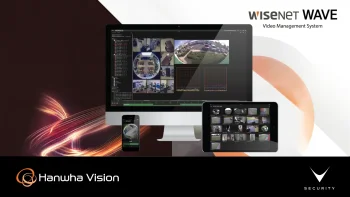 Interfaccia del Video Management System Wisenet WAVE su monitor e dispositivi mobili.