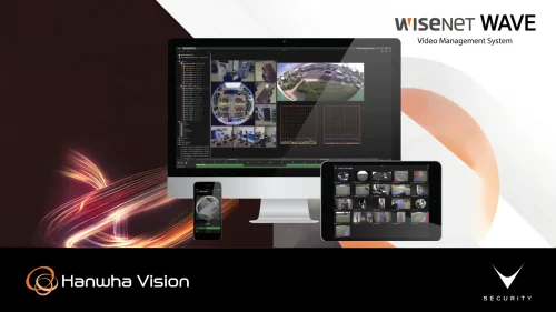 Interfaccia del Video Management System Wisenet WAVE su monitor e dispositivi mobili.