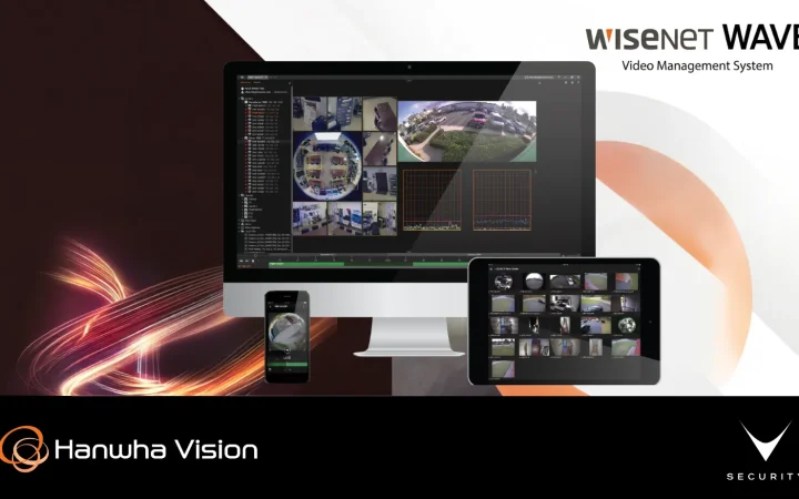 Interfaccia del Video Management System Wisenet WAVE su monitor e dispositivi mobili.